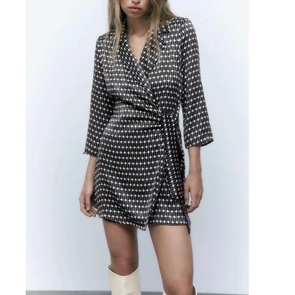 NWT ZARA SATIN EFFECT GEOMETRIC PRINT WRAP TIE MINI DRESS S - Picture 3 of 4